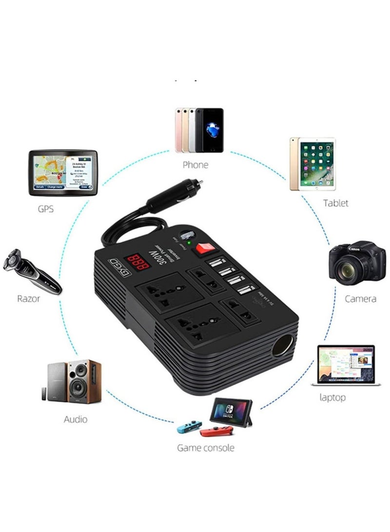 BYGD محول طاقة السيارة 300 واط DC 12V/24V إلى 220V AC مع 4 منافذ USB للشحن السريع و 2 مقبس عالمي مع شاشة LED متعددة الوظائف - Image 3